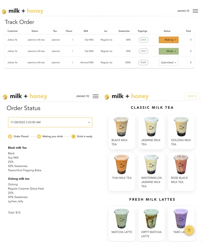 Milk & Honey boba ordering site